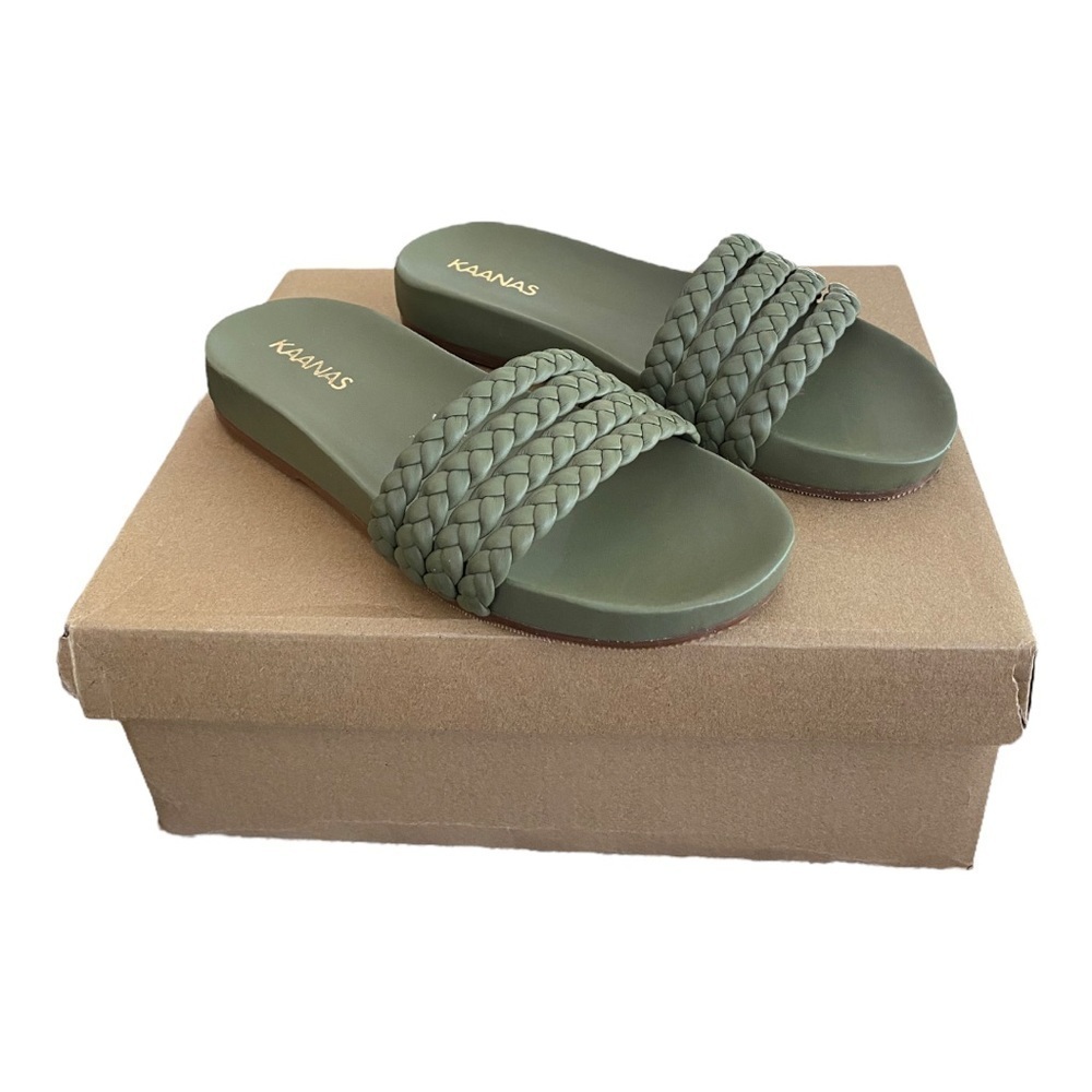 NEW Kaanas Pool Slide Sandal Ares Multi Braid Olive Green Leather Size 7